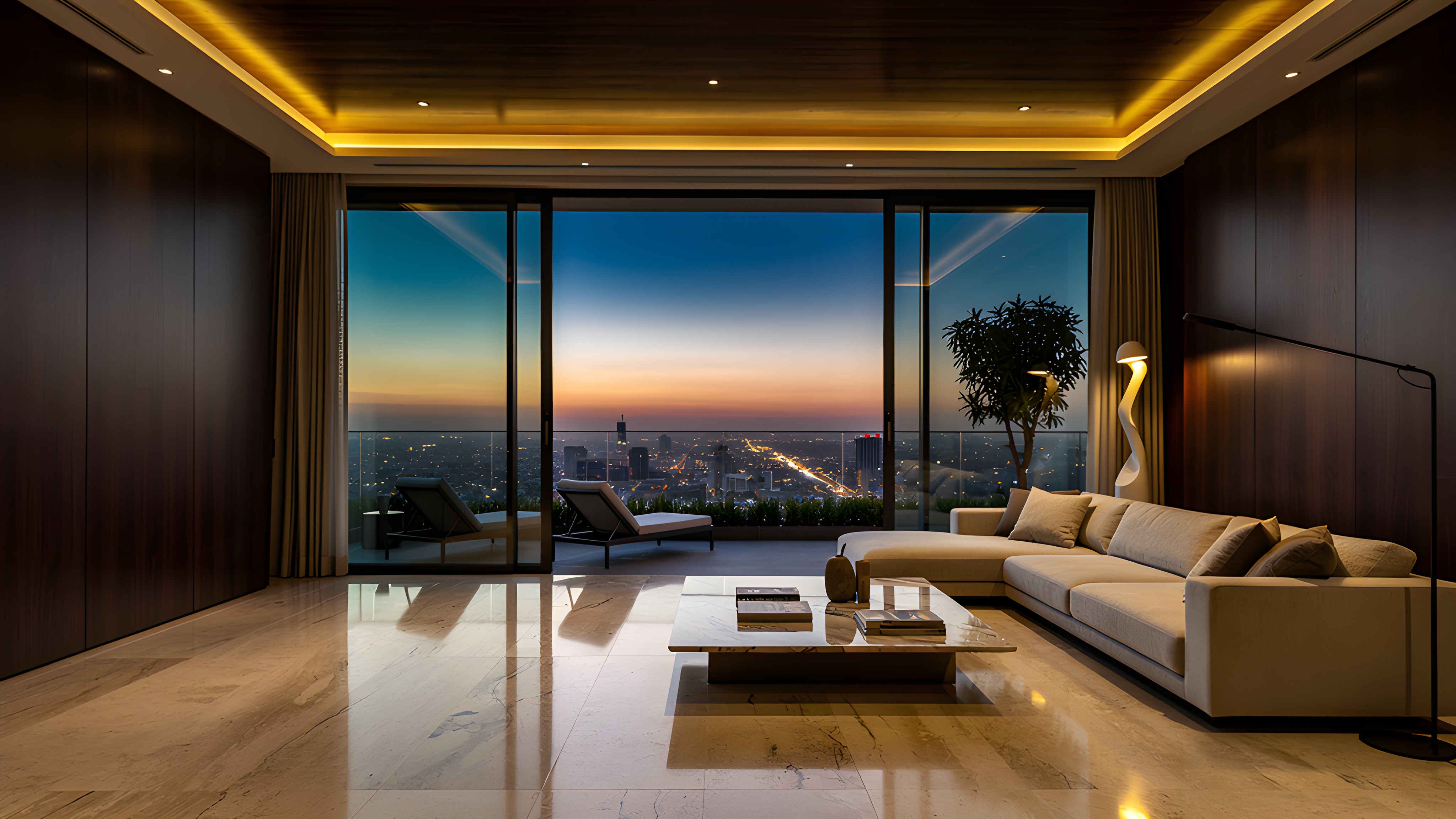 Sala de estar de penthouse de lujo con acabados en madera oscura, pisos de mármol y terraza con vista panorámica de la ciudad al atardecer — propiedades exclusivas Monarca Brokers en Polanco y Lomas de Chapultepec.